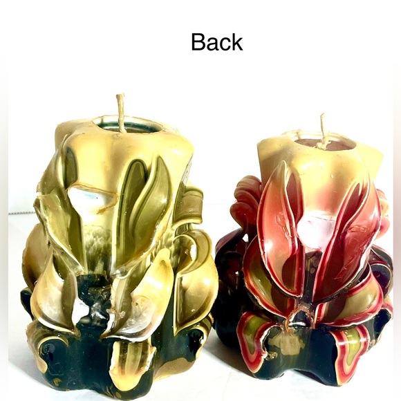 Set of 2 Unique vintage Artisan  hand carved 70s Glow ribbon candles Not Used. - Picture 2 of 9